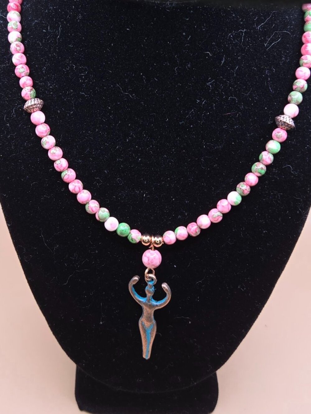 Pink and Green Rain Flower Jade and Copper Beaded Necklace with Goddess Pendant